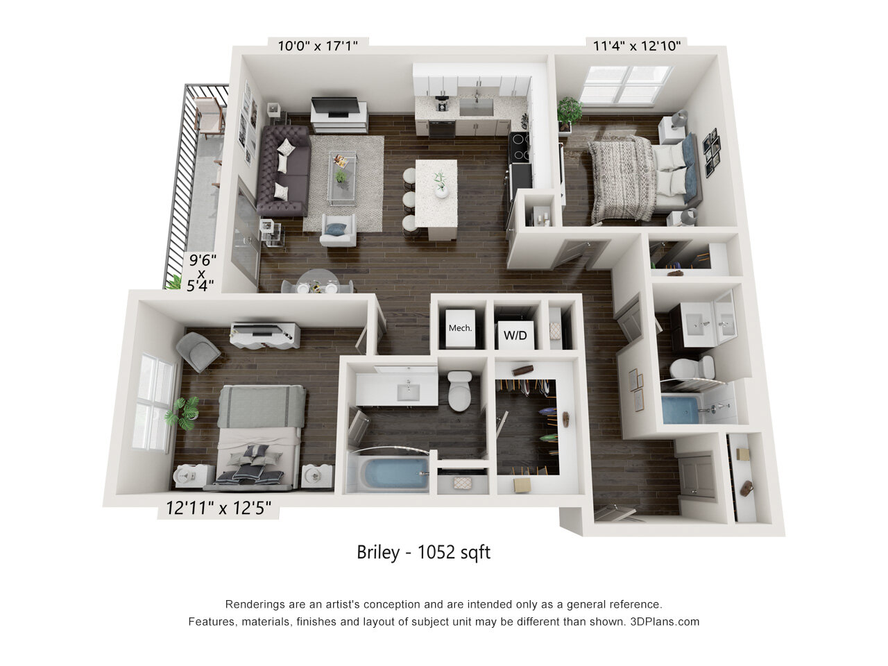 Floor plan for 2 beds, 2 baths, 1052 sqft
